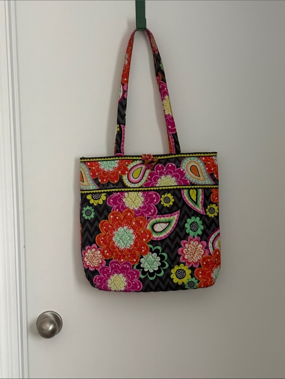 Vera Bradley Black Floral Quilted Tote with Bright Multicolor Flowers